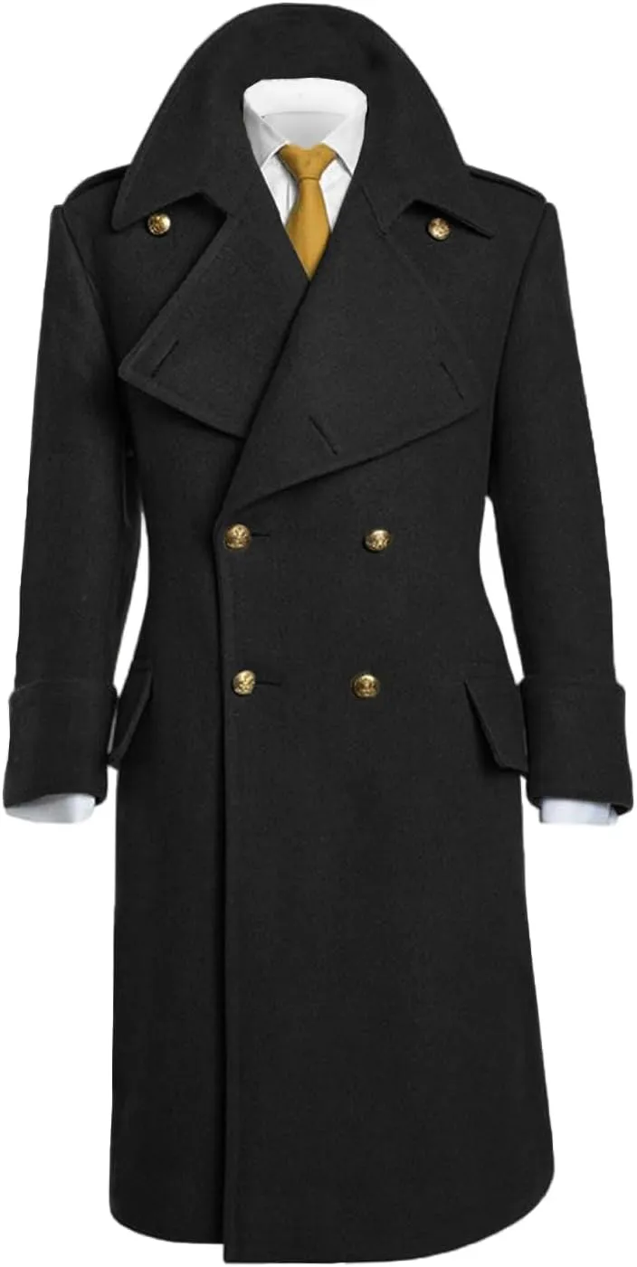 Casual Men's Regular Fit Long Overcoat Wool Blend Pea Jacket Double Breasted Notch Lapel Trench Coat in Winter