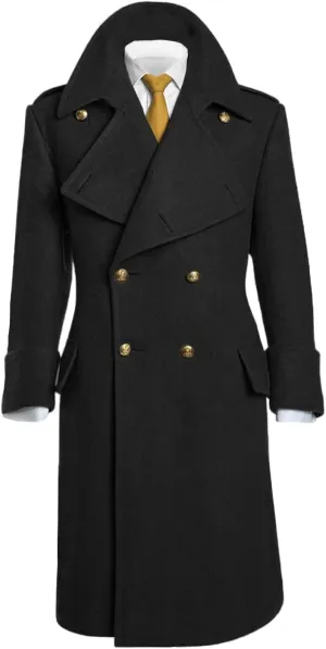 Casual Men's Regular Fit Long Overcoat Wool Blend Pea Jacket Double Breasted Notch Lapel Trench Coat in Winter