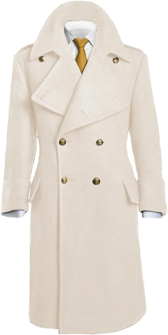 Casual Men's Regular Fit Long Overcoat Wool Blend Pea Jacket Double Breasted Notch Lapel Trench Coat in Winter