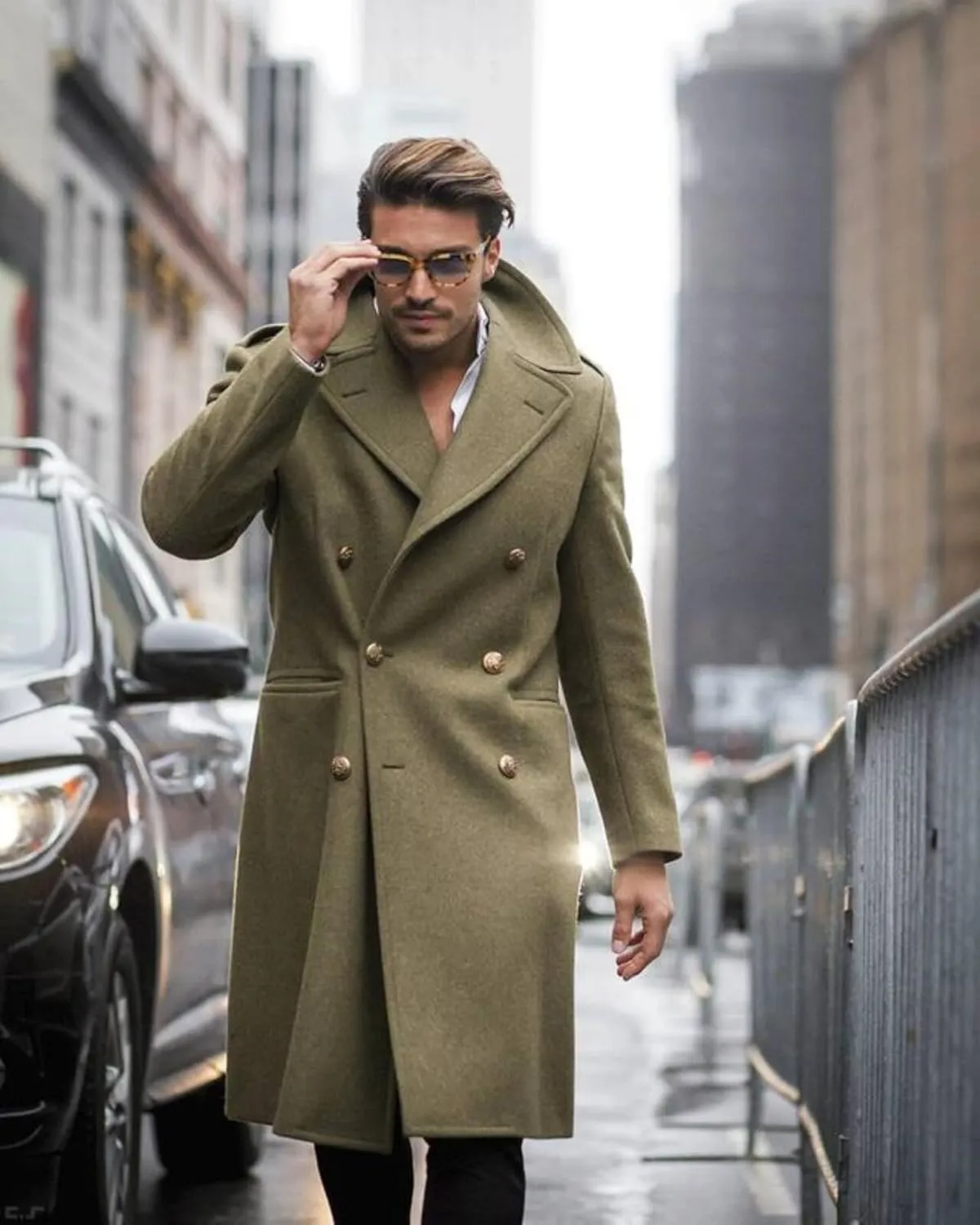 Casual Men's Regular Fit Long Overcoat Wool Blend Pea Jacket Double Breasted Notch Lapel Trench Coat in Winter