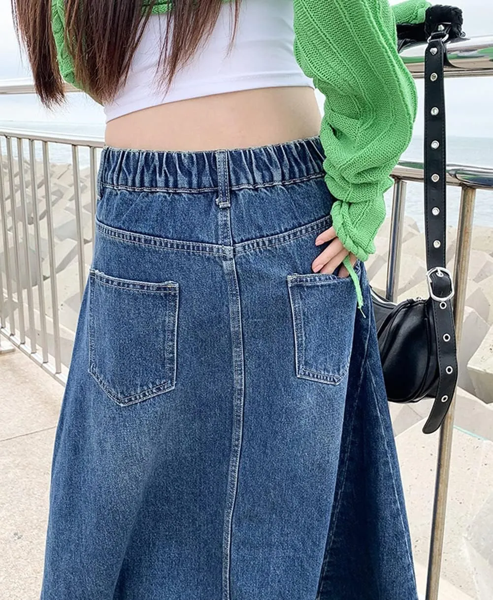 CHARTOU Women's Back Elastic High Waist A-Line Maxi Long Denim Jean Skirt