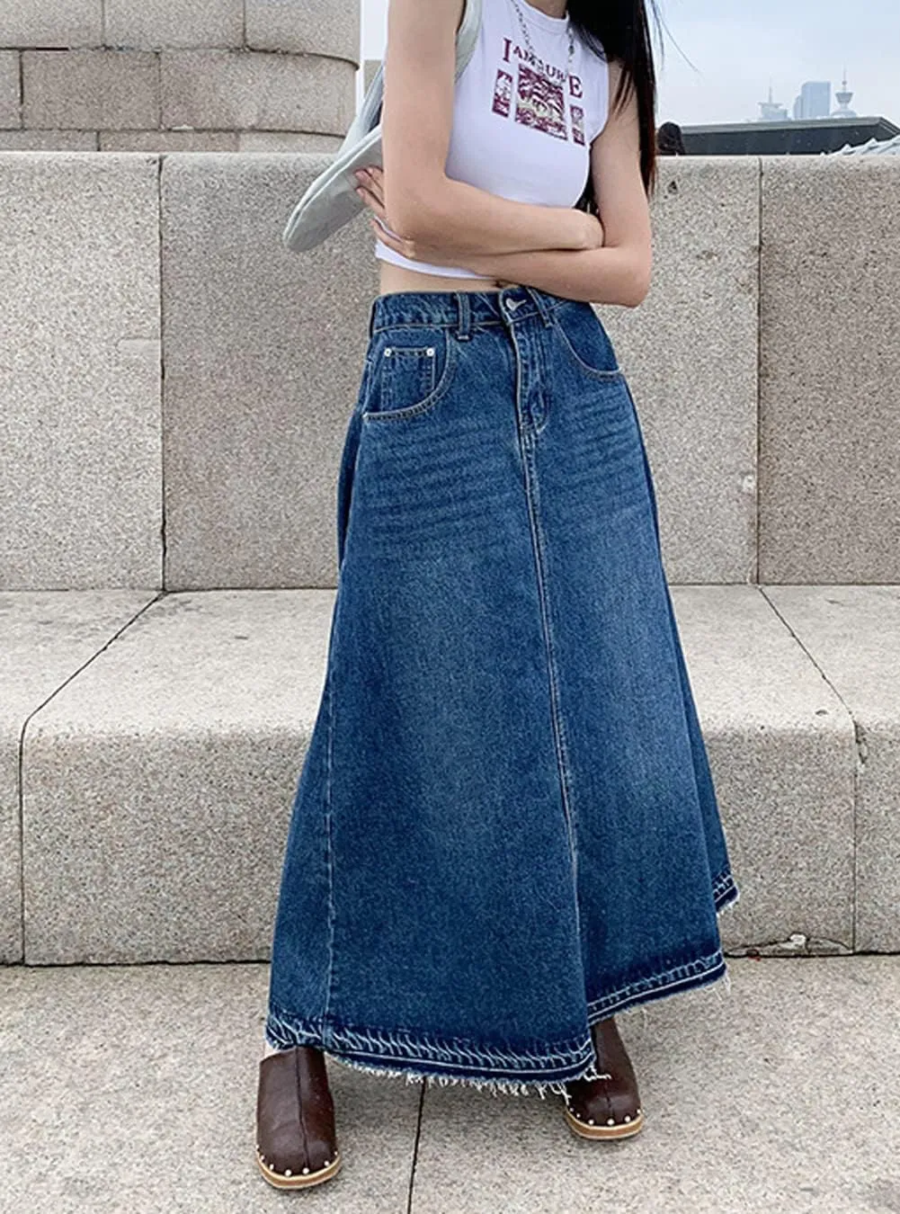 CHARTOU Women's Back Elastic High Waist A-Line Maxi Long Denim Jean Skirt