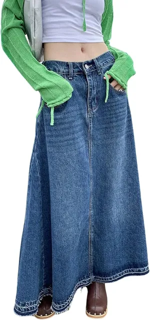 CHARTOU Women's Back Elastic High Waist A-Line Maxi Long Denim Jean Skirt