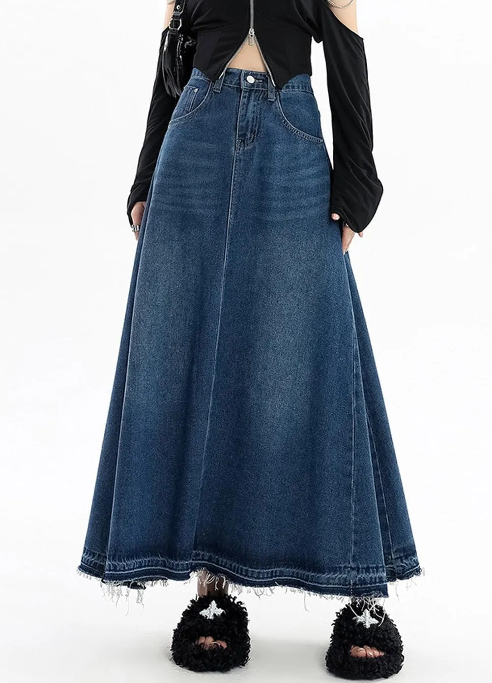 CHARTOU Women's Back Elastic High Waist A-Line Maxi Long Denim Jean Skirt