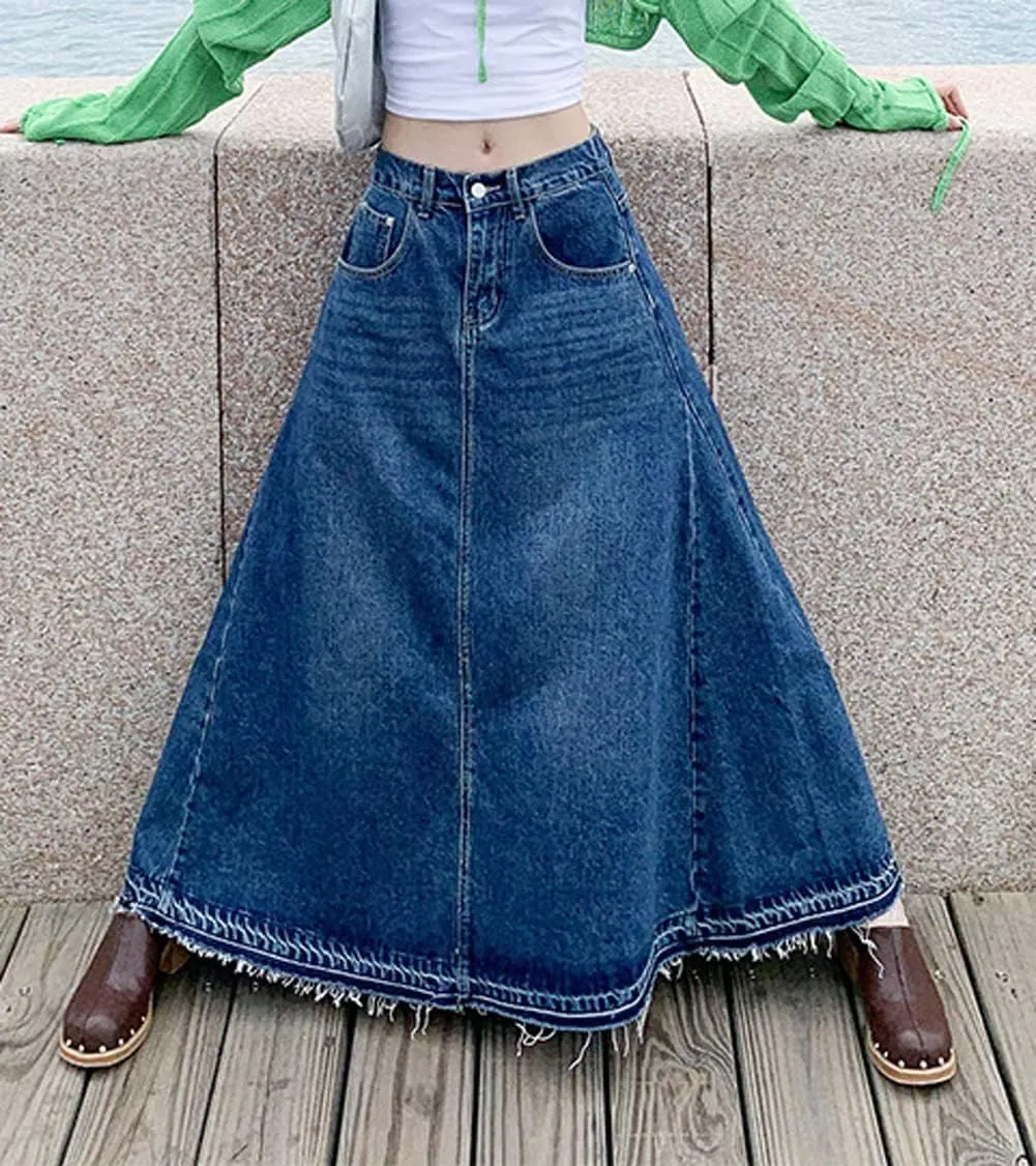 CHARTOU Women's Back Elastic High Waist A-Line Maxi Long Denim Jean Skirt