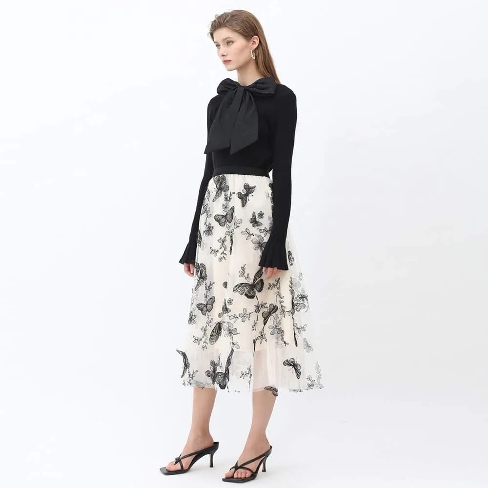 CHICWISH Women's 3D Butterfly Double-Layered Mesh Midi Skirt