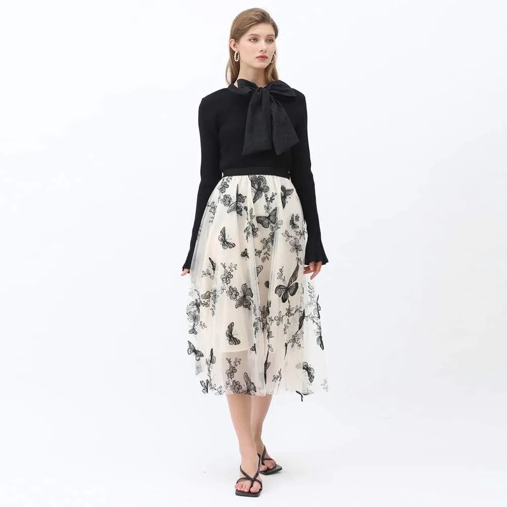 CHICWISH Women's 3D Butterfly Double-Layered Mesh Midi Skirt
