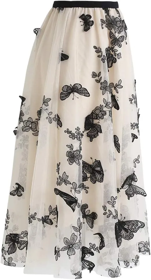 CHICWISH Women's 3D Butterfly Double-Layered Mesh Midi Skirt