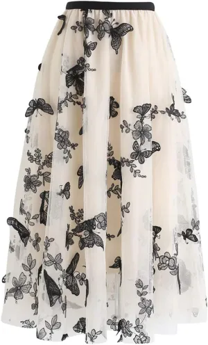 CHICWISH Women's 3D Butterfly Double-Layered Mesh Midi Skirt