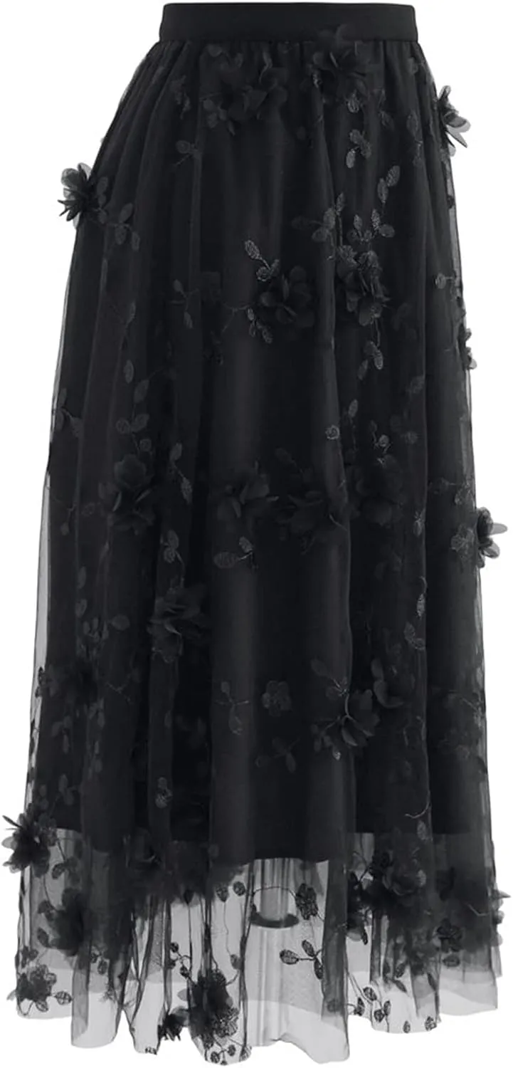 CHICWISH Women's 3D Mesh Flower Embroidered Tulle Midi Skirt