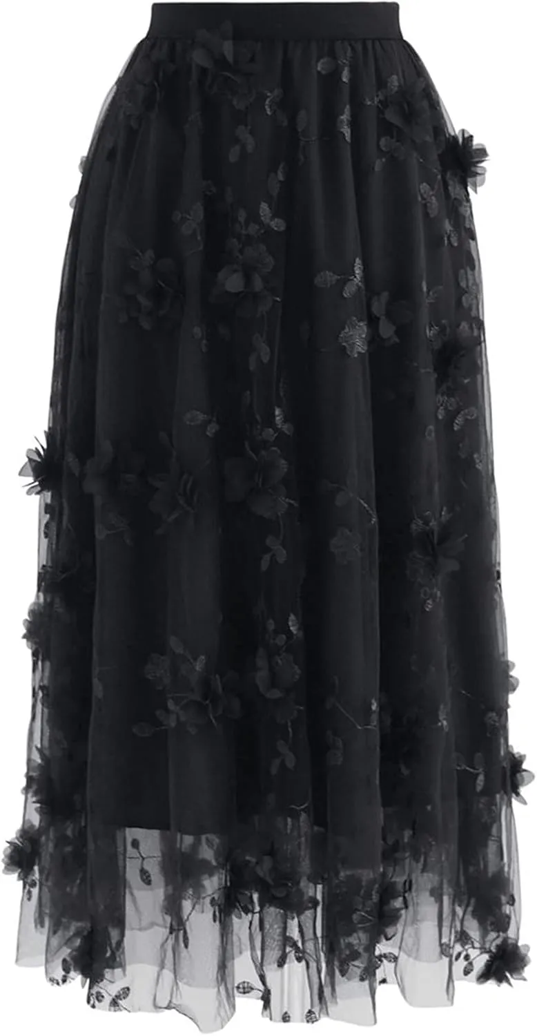 CHICWISH Women's 3D Mesh Flower Embroidered Tulle Midi Skirt