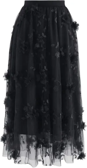 CHICWISH Women's 3D Mesh Flower Embroidered Tulle Midi Skirt