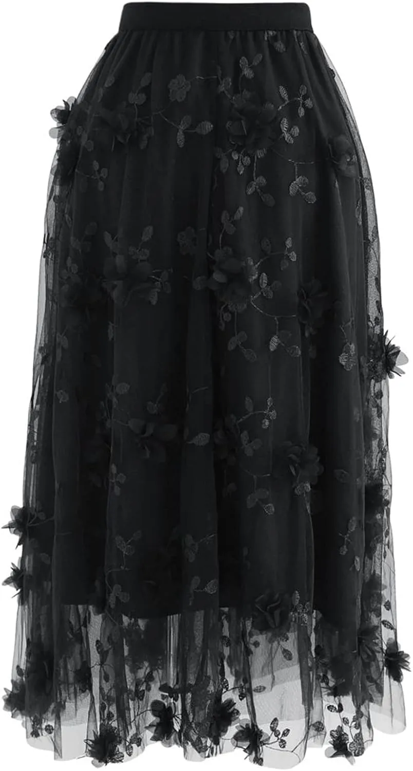 CHICWISH Women's 3D Mesh Flower Embroidered Tulle Midi Skirt