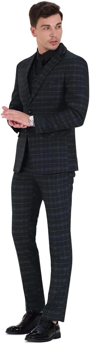 Cloudstyle Mens 3 Piece Slim fit Checked Suit Blue/Black Single Breasted Vintage Suits
