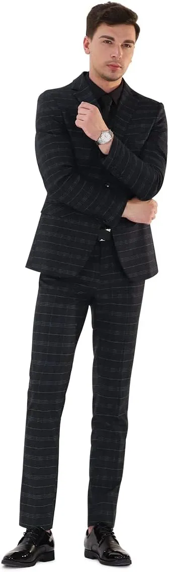 Cloudstyle Mens 3 Piece Slim fit Checked Suit Blue/Black Single Breasted Vintage Suits