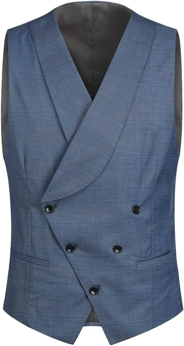 Cloudstyle Mens 3 Piece Slim fit Checked Suit Blue/Black Single Breasted Vintage Suits