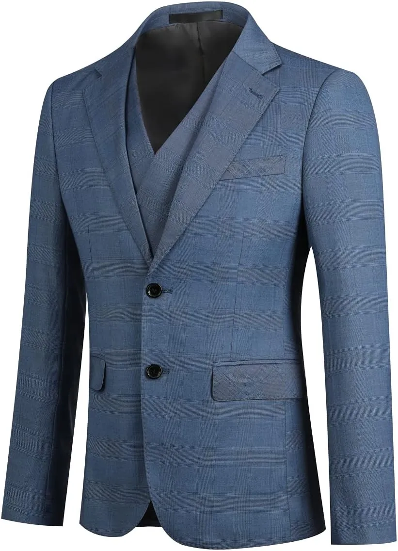 Cloudstyle Mens 3 Piece Slim fit Checked Suit Blue/Black Single Breasted Vintage Suits