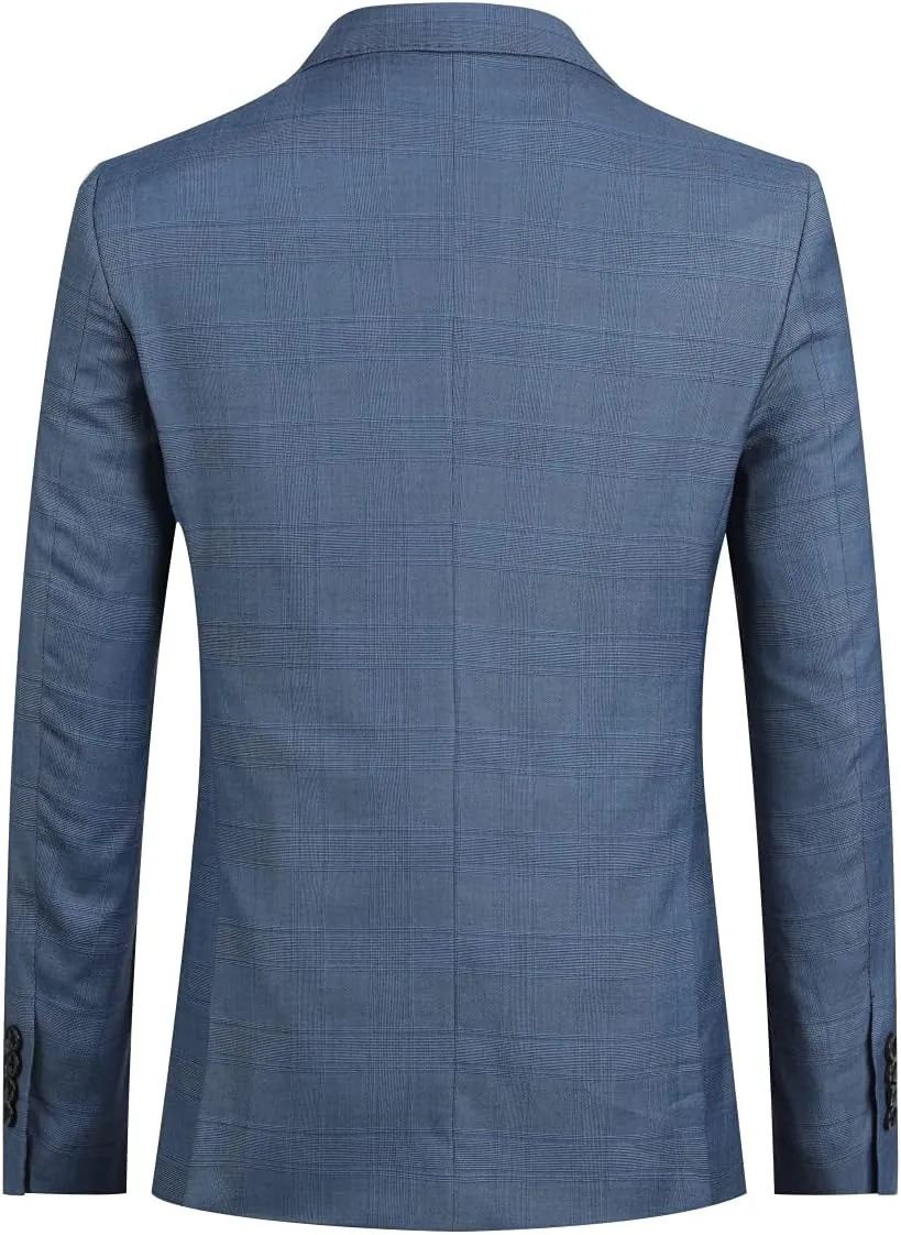 Cloudstyle Mens 3 Piece Slim fit Checked Suit Blue/Black Single Breasted Vintage Suits