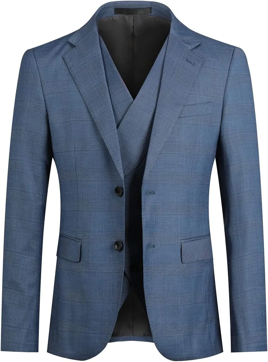 Cloudstyle Mens 3 Piece Slim fit Checked Suit Blue/Black Single Breasted Vintage Suits