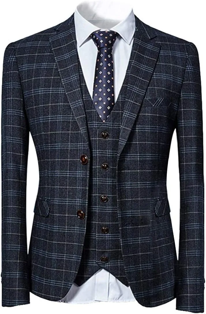 Cloudstyle Mens 3 Piece Slim fit Checked Suit Blue/Black Single Breasted Vintage Suits