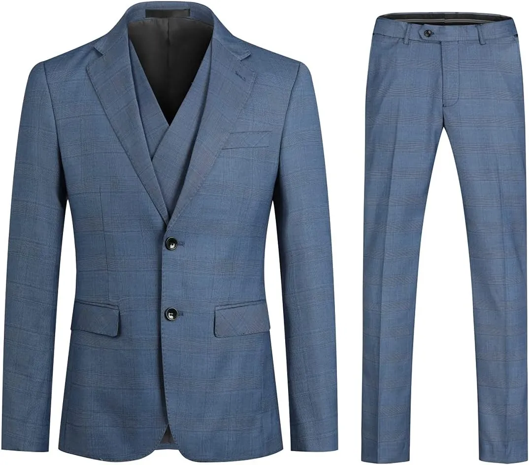 Cloudstyle Mens 3 Piece Slim fit Checked Suit Blue/Black Single Breasted Vintage Suits