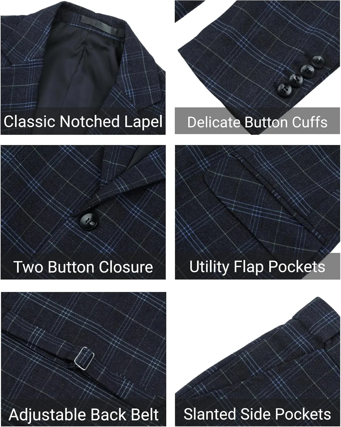 Cloudstyle Mens 3 Piece Slim fit Checked Suit Blue/Black Single Breasted Vintage Suits