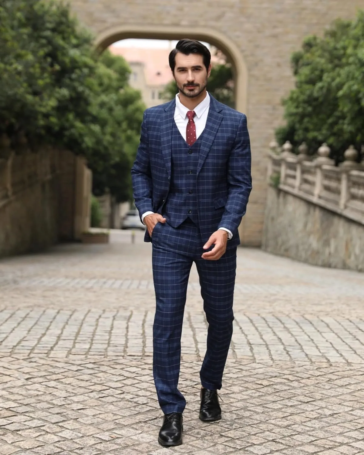 Cloudstyle Mens 3 Piece Slim fit Checked Suit Blue/Black Single Breasted Vintage Suits