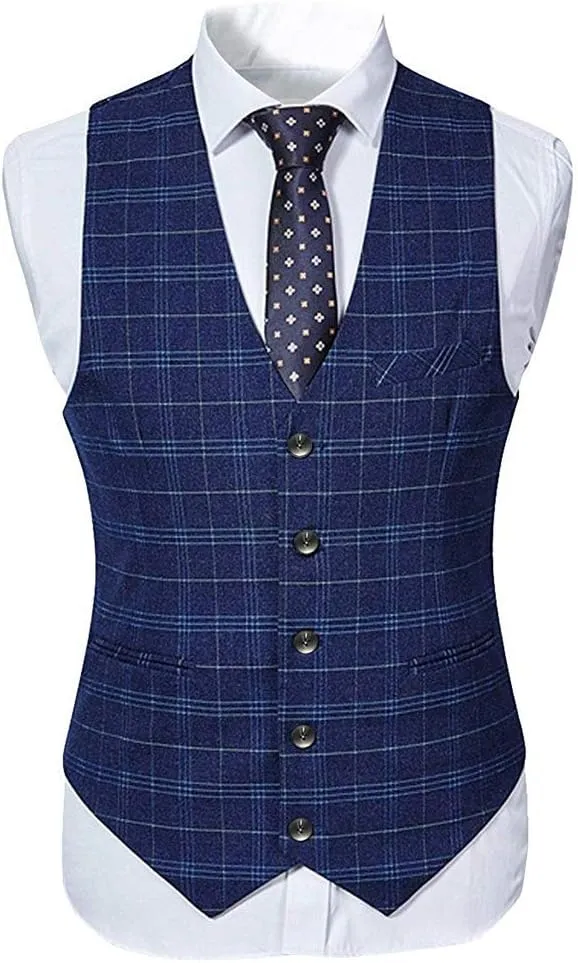 Cloudstyle Mens 3 Piece Slim fit Checked Suit Blue/Black Single Breasted Vintage Suits
