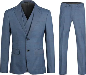 Cloudstyle Mens 3 Piece Slim fit Checked Suit Blue/Black Single Breasted Vintage Suits