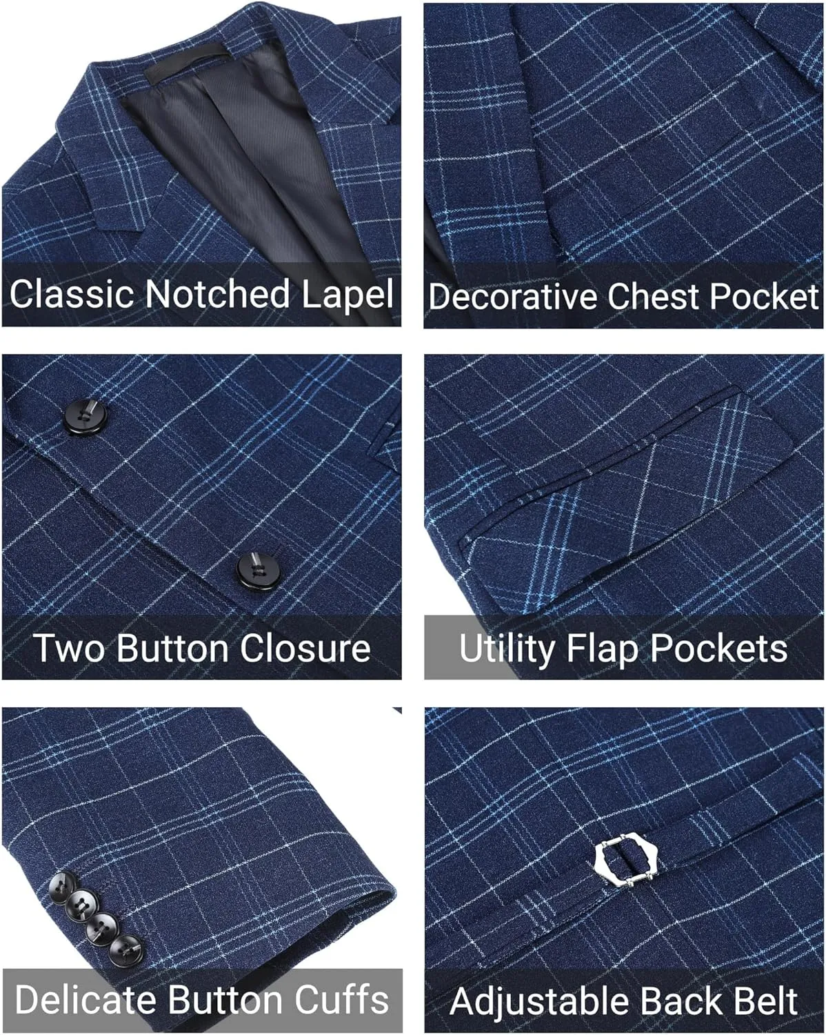 Cloudstyle Mens 3 Piece Slim fit Checked Suit Blue/Black Single Breasted Vintage Suits