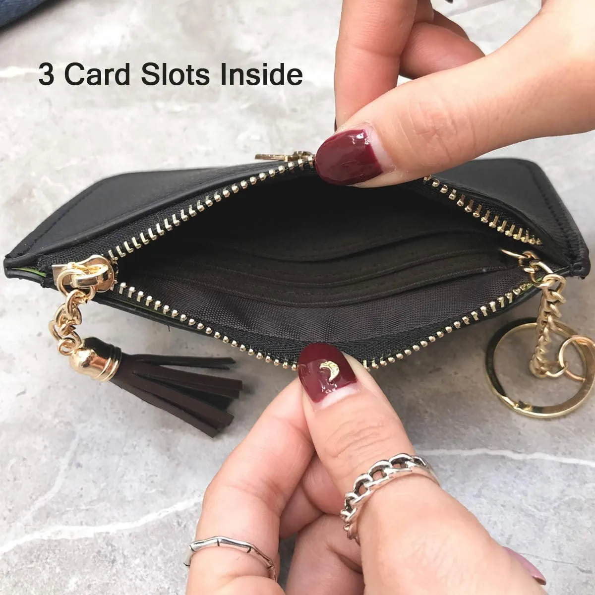 Coin Purse Change Wallet Pouch Leather Card Holder with Key Chain Tassel Zip(Grey)