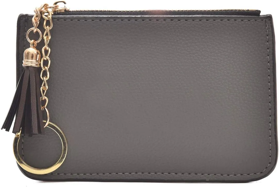 Coin Purse Change Wallet Pouch Leather Card Holder with Key Chain Tassel Zip(Grey)
