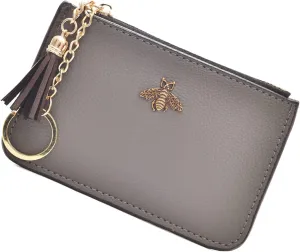 Coin Purse Change Wallet Pouch Leather Card Holder with Key Chain Tassel Zip(Grey)