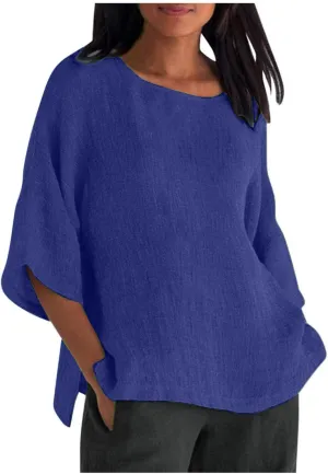 Cotton Linen Shirts for Women 3/4 Sleeve Crewneck Shirts Dressy Causal Solid Side Slit Blouse Loose Tees Clothes 2025