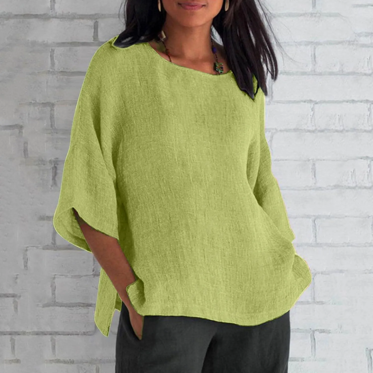 Cotton Linen Shirts for Women 3/4 Sleeve Crewneck Shirts Dressy Causal Solid Side Slit Blouse Loose Tees Clothes 2025