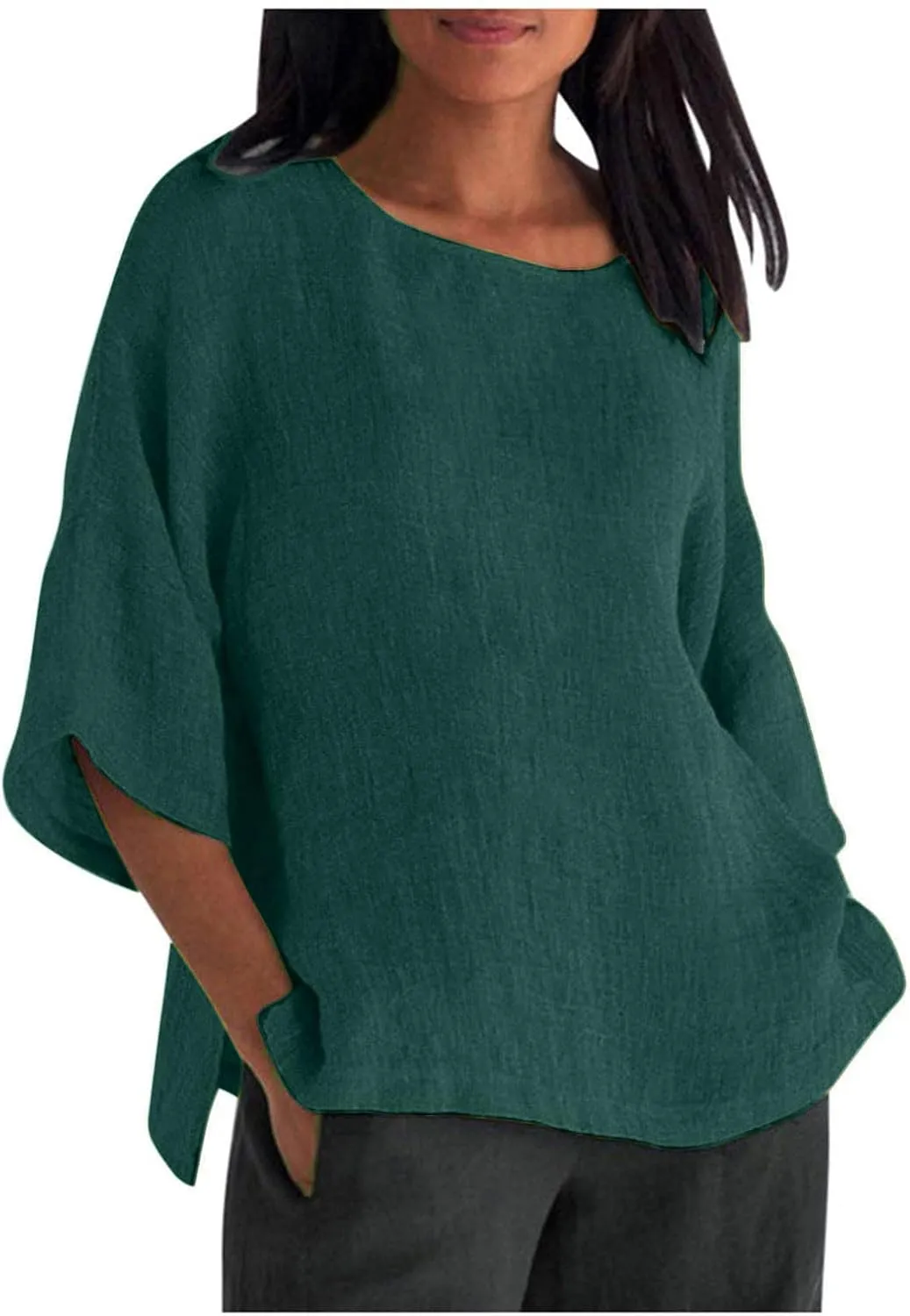 Cotton Linen Shirts for Women 3/4 Sleeve Crewneck Shirts Dressy Causal Solid Side Slit Blouse Loose Tees Clothes 2025