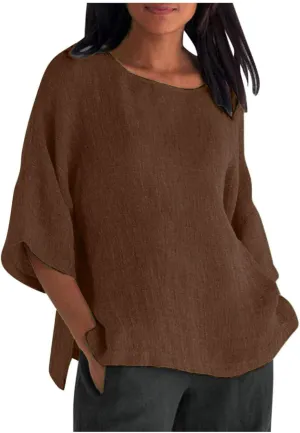 Cotton Linen Shirts for Women 3/4 Sleeve Crewneck Shirts Dressy Causal Solid Side Slit Blouse Loose Tees Clothes 2025