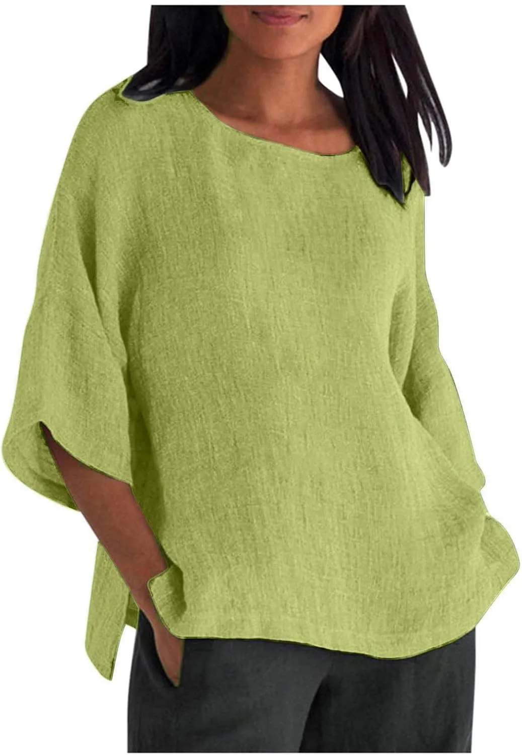 Cotton Linen Shirts for Women 3/4 Sleeve Crewneck Shirts Dressy Causal Solid Side Slit Blouse Loose Tees Clothes 2025