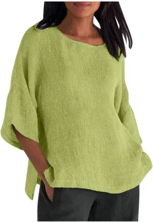 Cotton Linen Shirts for Women 3/4 Sleeve Crewneck Shirts Dressy Causal Solid Side Slit Blouse Loose Tees Clothes 2025