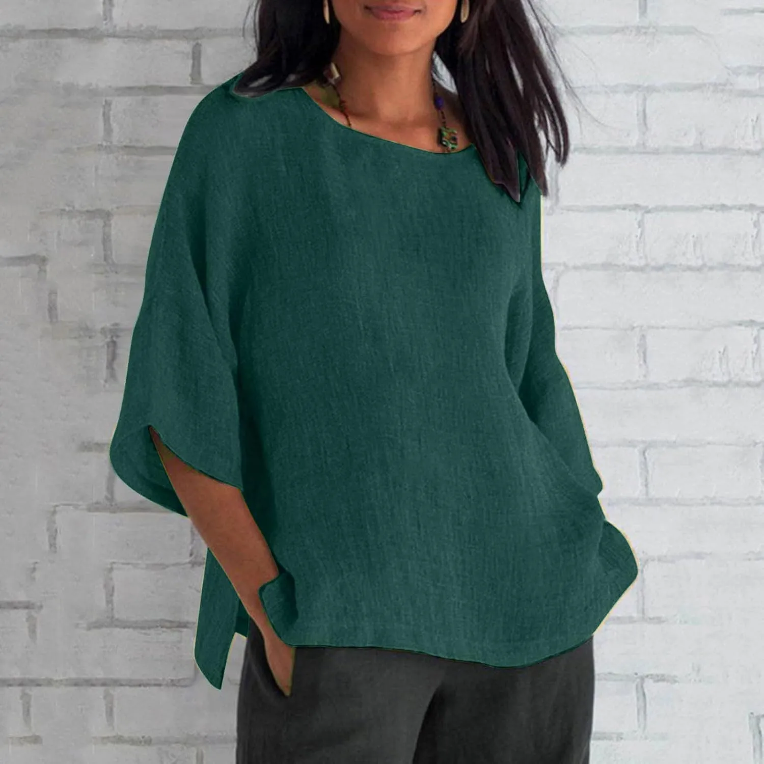 Cotton Linen Shirts for Women 3/4 Sleeve Crewneck Shirts Dressy Causal Solid Side Slit Blouse Loose Tees Clothes 2025