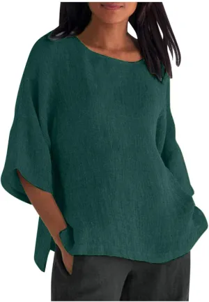 Cotton Linen Shirts for Women 3/4 Sleeve Crewneck Shirts Dressy Causal Solid Side Slit Blouse Loose Tees Clothes 2025