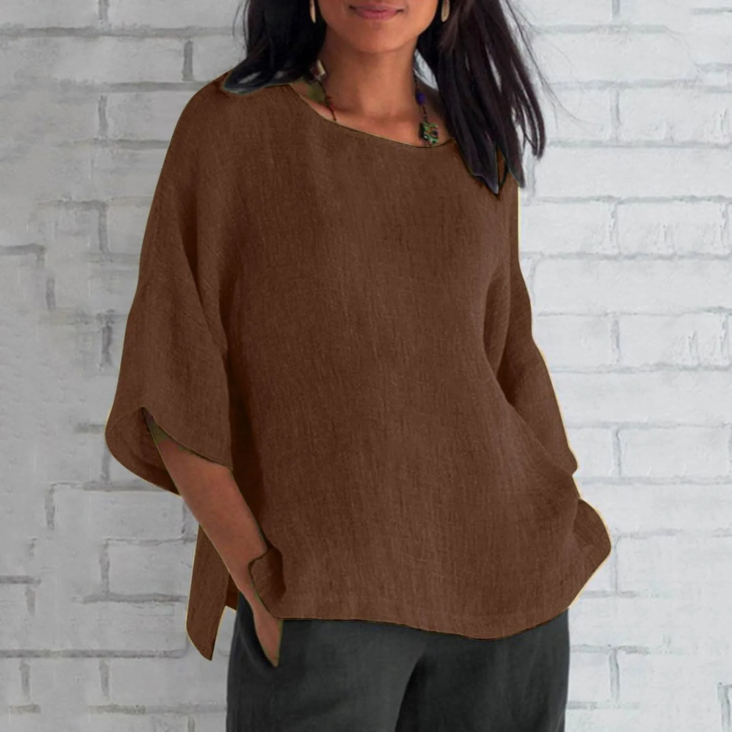 Cotton Linen Shirts for Women 3/4 Sleeve Crewneck Shirts Dressy Causal Solid Side Slit Blouse Loose Tees Clothes 2025