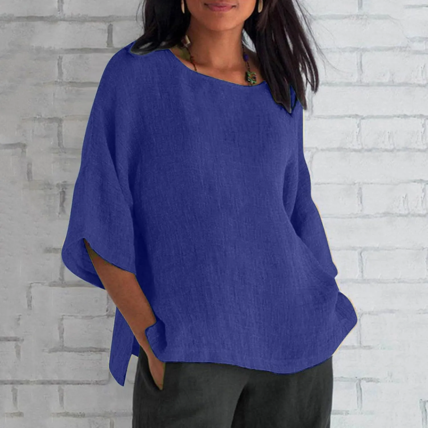 Cotton Linen Shirts for Women 3/4 Sleeve Crewneck Shirts Dressy Causal Solid Side Slit Blouse Loose Tees Clothes 2025