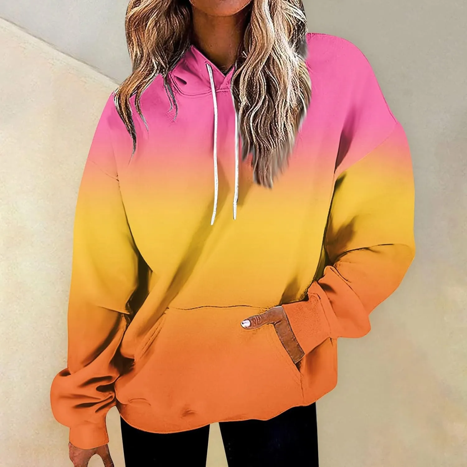 Cute Hoodies For Women Long Sleeve Sweatshirts Tie Dye Patchwork Hoodies Pullover Drop Shoulder Fall Tops With Pocket