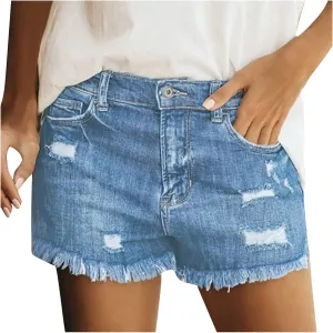 Denim Shorts for Women High Waisted Stretch Distressed Ripped Raw Hem Jean Shorts 2024 Summer Casual Hot Shorts with Pockets
