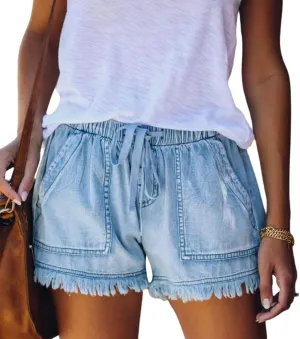 Denim Shorts for Women Vintage High Waisted Frayed Raw Hem Jean Shorts with Pockets Summer Streetwear