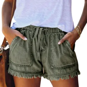 Denim Shorts for Women Vintage High Waisted Frayed Raw Hem Jean Shorts with Pockets Summer Streetwear