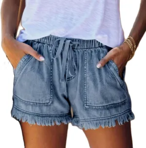 Denim Shorts for Women Vintage High Waisted Frayed Raw Hem Jean Shorts with Pockets Summer Streetwear