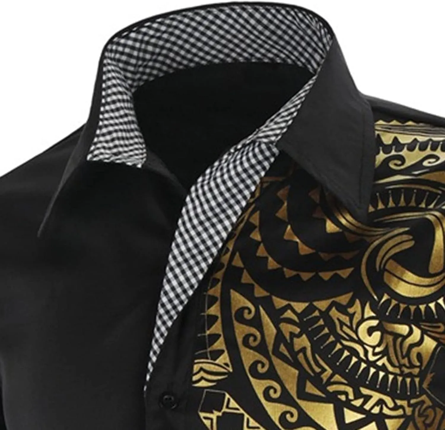 DGHM-JLMY Men's Totem Gold Printed Long Sleeve Shirt Hipster Slim Fit Button Up Party Dress Shirts Gold Shiny Stylish Shirt