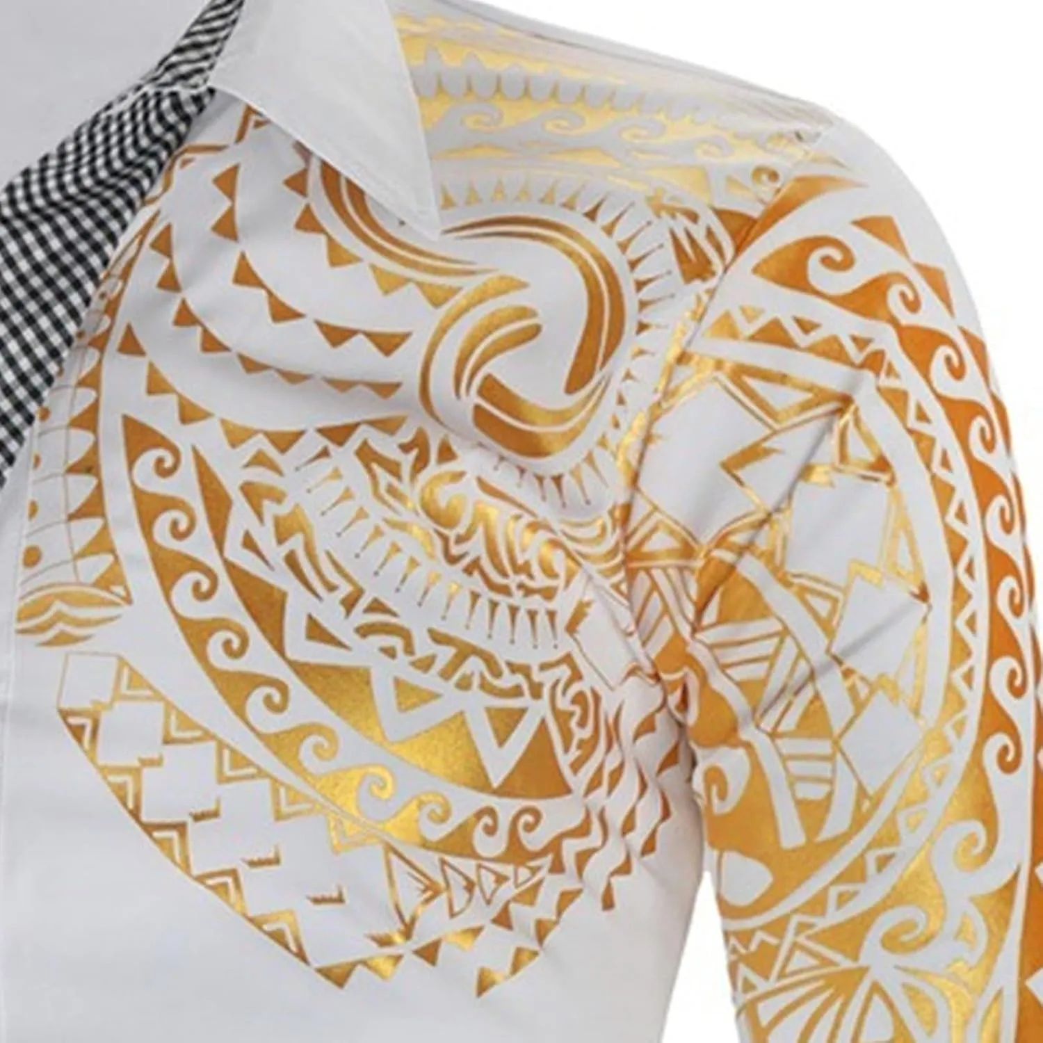 DGHM-JLMY Men's Totem Gold Printed Long Sleeve Shirt Hipster Slim Fit Button Up Party Dress Shirts Gold Shiny Stylish Shirt